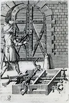 Hand Tool Prints: Using expanding screw-driven device to force the bolt on a heavy gate. Engraving, 1620