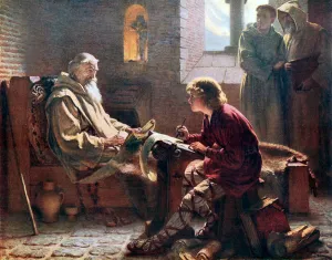 The Venerable Bede translating the last chapter of St John. The Illustration from An Outline of Christianity edited by The Venerable Bede translating the last chapter of St John. The Illustration from An Outline of Christianity edited by