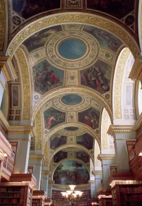 View of the coffered Library ceiling with gilded stucco framework surrounding spandrels View of the coffered Library ceiling with gilded stucco framework surrounding spandrels