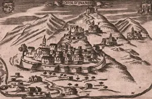 1703 Prints: View of Rocca d'Evandro, Campania, Italy, etching, ca 13.5x18 cm