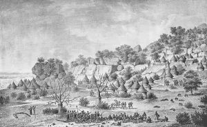 View of the village north of Agady in the Bertat region, from Voyage a Meroe: au fleuve Blanc View of the village north of Agady in the Bertat region, from Voyage a Meroe: au fleuve Blanc