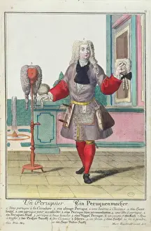 Hairdressing Prints: The Wigmaker, published in Augsburg, c. 1735 (colour litho)