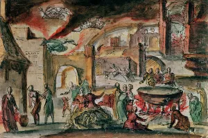 Witchcraft scene, probably a stage set, 2nd half of 17th century (w/c on paper) Witchcraft scene, probably a stage set, 2nd half of 17th century (w/c on paper)