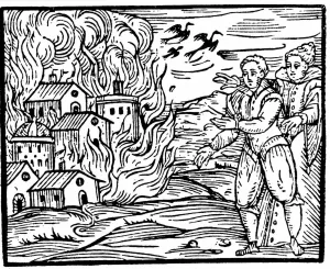 Witches destroying a house by fire, Swabia in 1533, illustration from ' Witches destroying a house by fire, Swabia in 1533, illustration from '