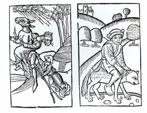 Witches disguised as animals riding a broomstick (left) and male witch riding a wolf Witches disguised as animals riding a broomstick (left) and male witch riding a wolf