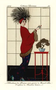 Woman in pink damask cape trimmed with blue fox, black paradise hairdress, in front of a bonsai tree and shoji screen Woman in pink damask cape trimmed with blue fox, black paradise hairdress, in front of a bonsai tree and shoji screen