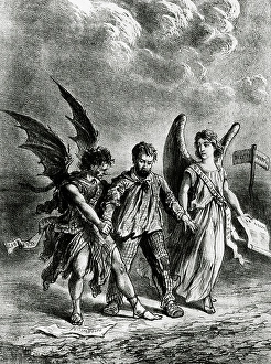 Holding Hands Prints: Worker being contested over by devil (strike) and angel (law enforcement)