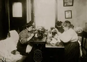 Apartment Prints: Workers on gloves, crowded into a small kitchen. Dallavalla, 50 McDougal St. 1912 (photo)