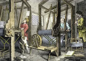Factories Prints: Workshop and worker with weaving material in Spitalfields