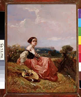Young girl in the hat in front of the Sainte Mountain Victoire Painting by Camille Roqueplan (1803-1855) Dim Young girl in the hat in front of the Sainte Mountain Victoire Painting by Camille Roqueplan (1803-1855) Dim