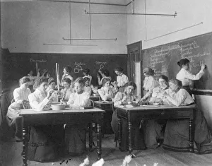 Young women performing atmospheric pressure experiments in normal school, Washington D.C., c.1899 (b/w photo) Young women performing atmospheric pressure experiments in normal school, Washington D.C., c.1899 (b/w photo)